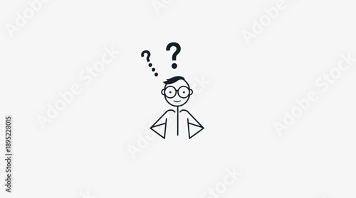 Doubtful stick figure man in glasses shrugging with two question marks above his head on an isolated white background.