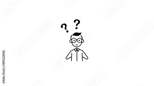 Thoughtful stick figure man in glasses with clasped hands and two question marks above his head on an isolated white background.