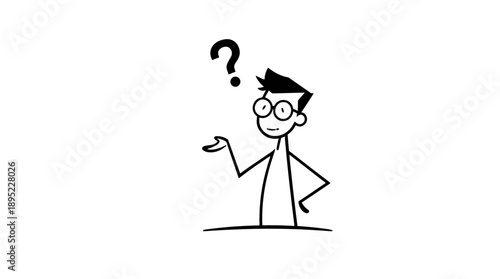 Questioning stick figure man in glasses gesturing with an open hand and a question mark above his head on an isolated white background.