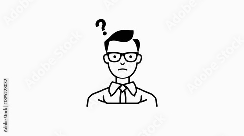 Worried stick figure man bust in glasses with a tie and a question mark above his head on an isolated white background.