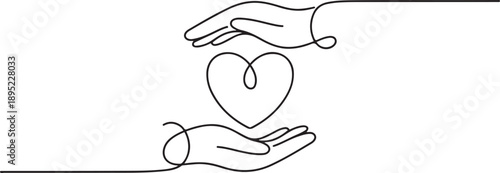 Two hands, one above and one below, protect a heart shape.one line vector illustration with white background.