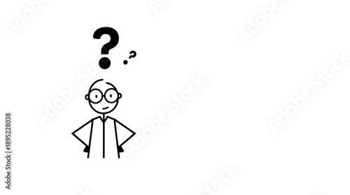 Puzzled stick figure man in glasses with hands on hips and a question mark above his head on an isolated white background.