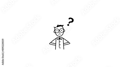 Confused stick figure man in glasses shrugging with a question mark above his head on an isolated white background.