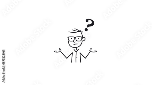 Stick Figure Man with Glasses and Tie Shrugging with Question Mark Above Head on Isolated White Background