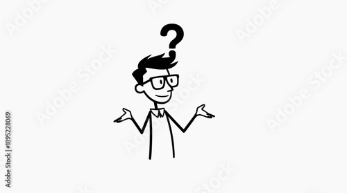 Stick Figure Man with Glasses Shrugging with Question Mark Above Head and Slight Smile on Light Gray Background