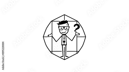 Stick Figure Man with Glasses and Tie Shrugging Inside Octagon Shape with Question Mark on Isolated White Background