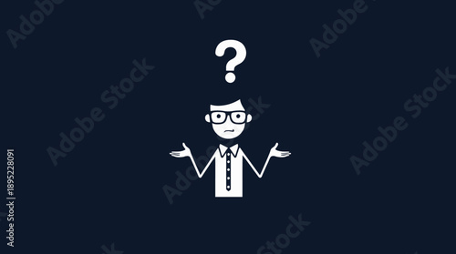 White Stick Figure Man with Glasses and Bow Tie Shrugging with Question Mark on Dark Blue Background