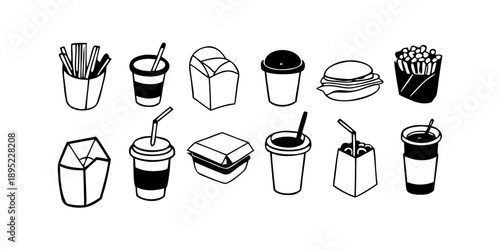 Hand-Drawn Doodle Takeout Food & Beverage Vector Icons – Noodles, Coffee, Burger, Soda