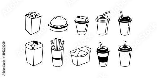 Hand-Drawn Doodle Takeout Food & Beverage Vector Icons – Noodles, Coffee, Burger, Soda