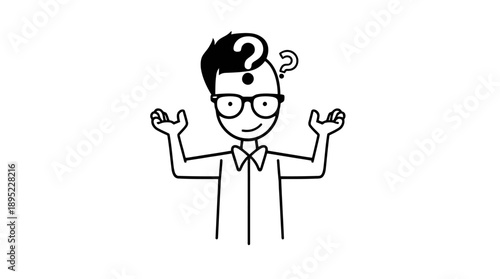 Happy Puzzled Man with Glasses Shrugging and Question Mark, isolated white background