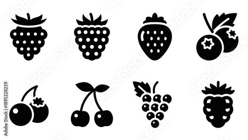 Bold berry icons set featuring various fruits in silhouette style