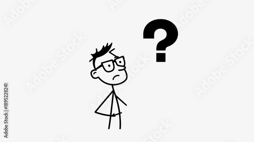 Confused Stick Figure Man with Glasses and Big Question Mark, isolated white background