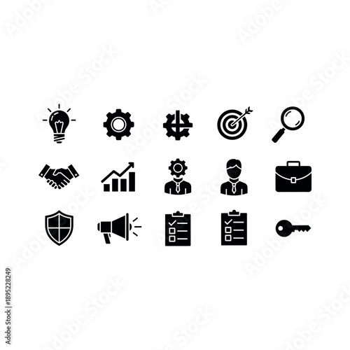 Collection of business icons representing strategy, innovation, and productivity concepts in a simple black and white illustration style