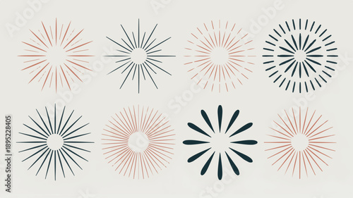 Set of Abstract Sunburst Rays in Terracotta and Teal Colors Keywords: sunburst, rays, abstract, graphic, design, element