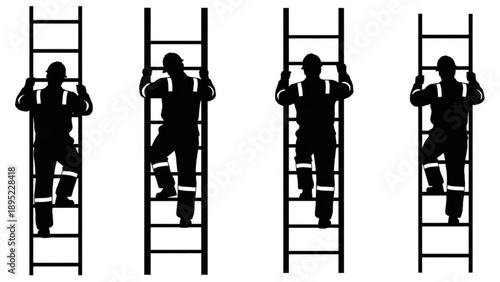 Silhouetted figures climbing ladders in unison from different viewpoints