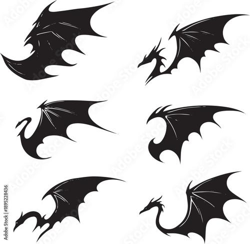 Silhouette dragon set flying roaring black white vector illustration fantasy mythical creature collection isolated design
