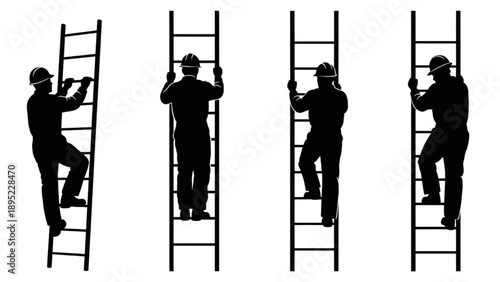 Workers climbing ladders in various stages of ascent viewed from behind in industrial setting