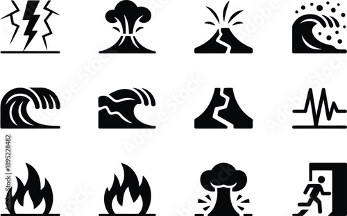 Set of black vector glyph icons representing various natural disasters and emergency situations