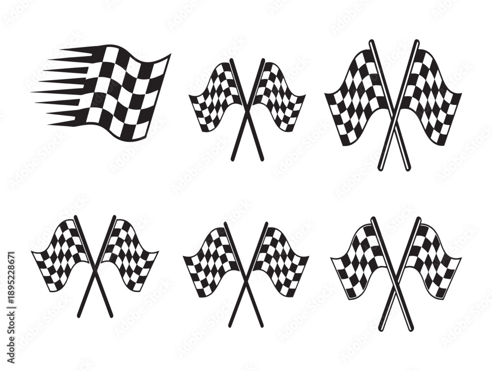 Fototapeta premium Collection of checkered racing flags in various dynamic poses and arrangements isolated on white