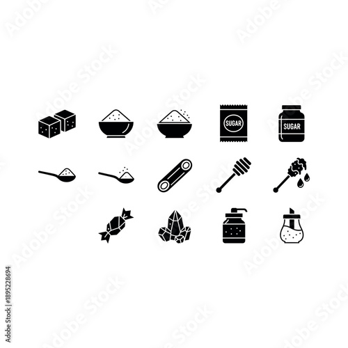 Collection of sweetener icons including sugar and honey in various forms and containers, illustrated in black and white.