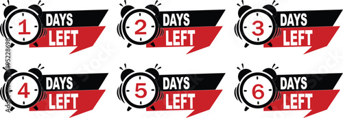 Countdown Timer Badges for Sales with 1 to 6 Days Left Labels, Set of Alarm Clock Icons for Limited Time Offer Promotion, Marketing Urgency Stickers for E-commerce Retail
