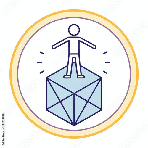 Person stands triumphantly on geometric cube with radiating light bursts