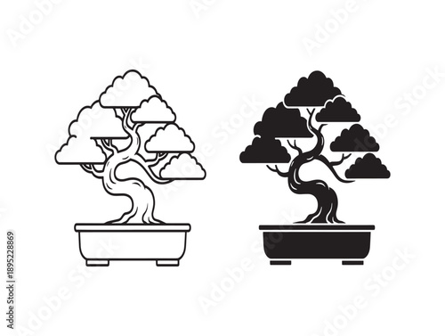 Two bonsai trees in pots one light and one dark showcasing traditional japanese art and zen garden design