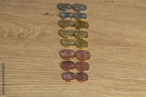 Obraz na plátne New collection of Bulgarian euro cent coin sets isolated on wooden background, Bulgaria in the European Union 2026