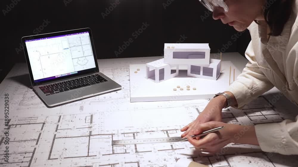 Architect carefully drafting blueprint plans on a desk with a building ...
