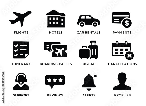 Travel App Icon Set | Flights Hotels Car Rentals Booking Management Icons