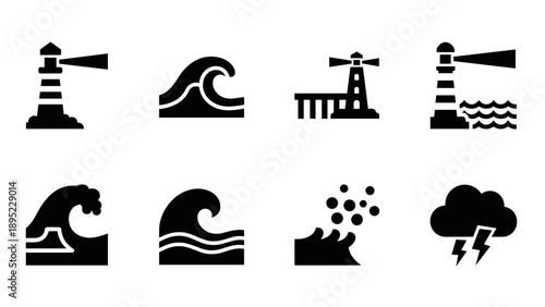 Silhouette lighthouse and ocean wave icons with storm elements