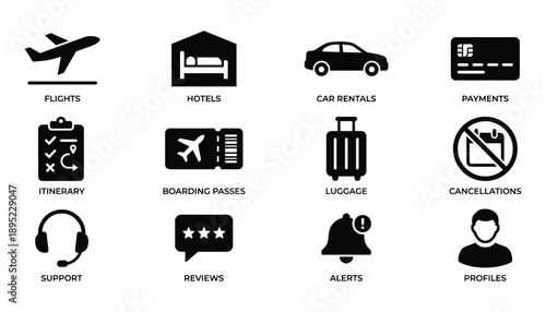 Travel Booking Icon Set | Flights Hotels Car Rentals Trip Management Icons