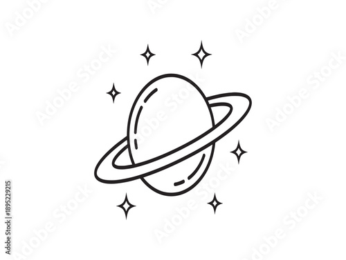 Hand drawn illustration of a planet with rings and sparkling stars on a white background