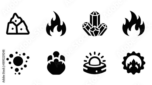Set of elemental icon collection featuring fire, crystal, and nature designs