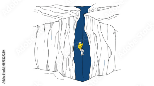 Mountain climber rappel in deep crevasse, minimalist adventure scene