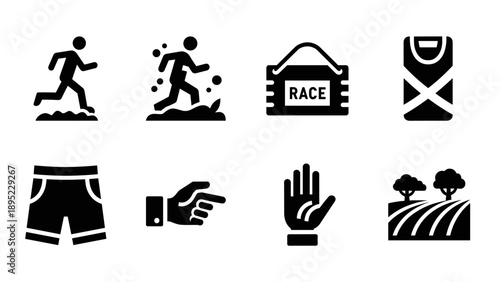 Running icons set: minimalist symbols of sports, fitness, and nature