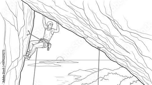 Adventurous rock climber ascends cliffside overlooking serene sunset ocean scene in linear style