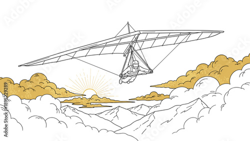 Hand glider soaring above clouds with mountains and sunrise in background, black and gold line art