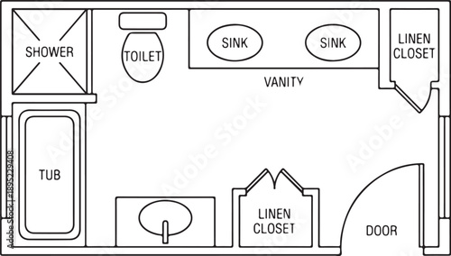 Modern line illustration of bathroom floor plans featuring toilet, sink, shower and bathtub in different arrangements for interior and architecture concepts.