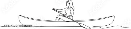 Woman rowing a canoe .one line vector illustration with white background.