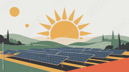 Solar panel farm under a large sun with rolling hills and trees in the background Keywords: solar panels, solar farm, renewable