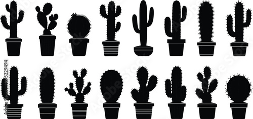 Collection of various cactus in pots silhouette vector illustrations featuring desert plants and succulent greenery icons for nature and home decor projects.