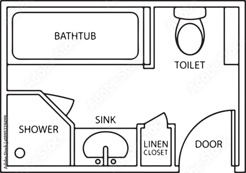 Modern line illustration of bathroom floor plans featuring toilet, sink, shower and bathtub in different arrangements for interior and architecture concepts.