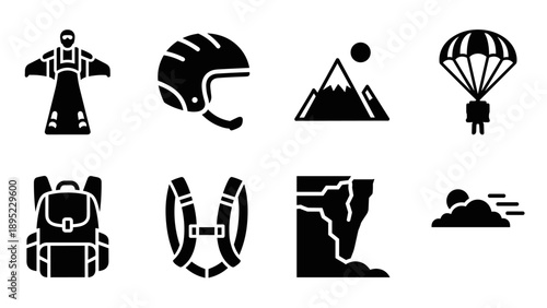 Extreme sports icons: adventure gear and activities in black silhouette style