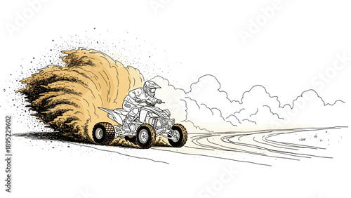 Adventure sports enthusiast riding an off-road atv with dust cloud trail in sketch style
