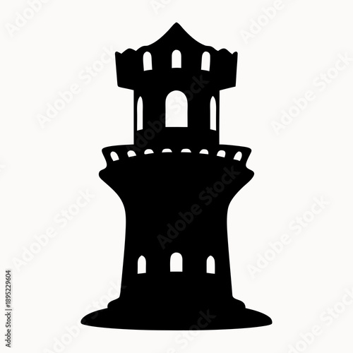 Black silhouette of a castle tower with battlements and windows