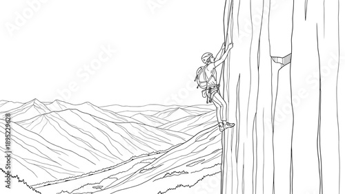 Mountain climber ascending vertical rock face in minimalist style line art landscape