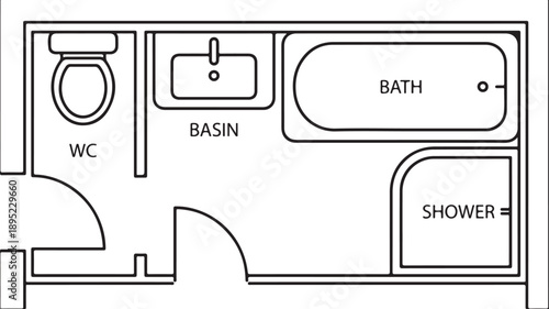 Modern line illustration of bathroom floor plans featuring toilet, sink, shower and bathtub in different arrangements for interior and architecture concepts.