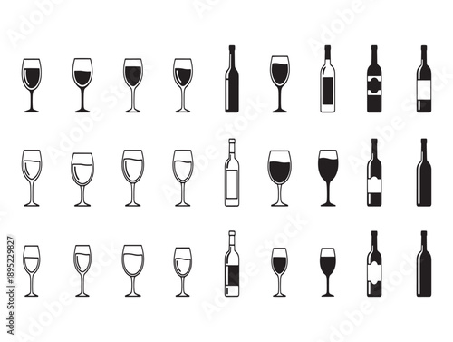 Collection of hand drawn wine glasses and bottles in a simple black and white style
