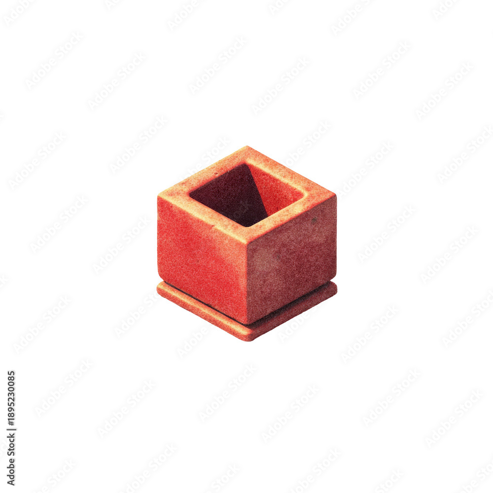 Obraz premium Isometric render of a textured, red-hued, hollow cube atop a slightly larger base